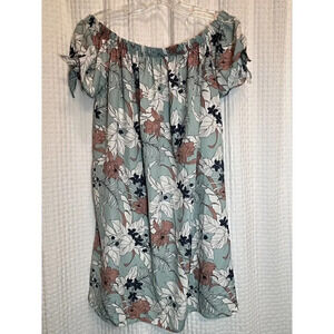 Soprano Women’s Small Seafoam Floral Knotted Sleeve Scoop Elastic Neck Dress P7